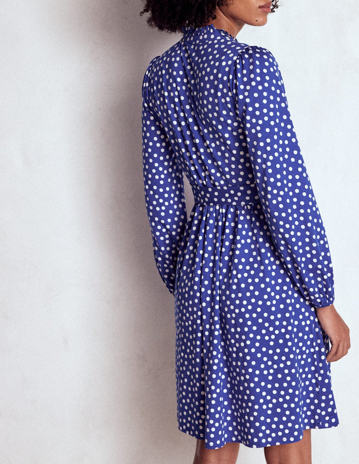 Willow Ruffle Neck Shirt Dress Bright Blue, Dot