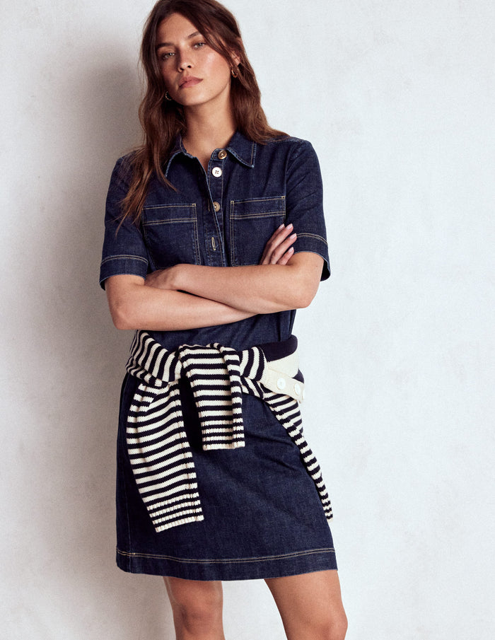 Zia Denim Pocket Shift Dress Dark Indigo