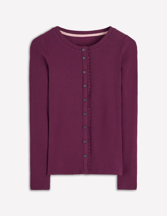 Evie Button Through Ribbed Top Bordeaux
