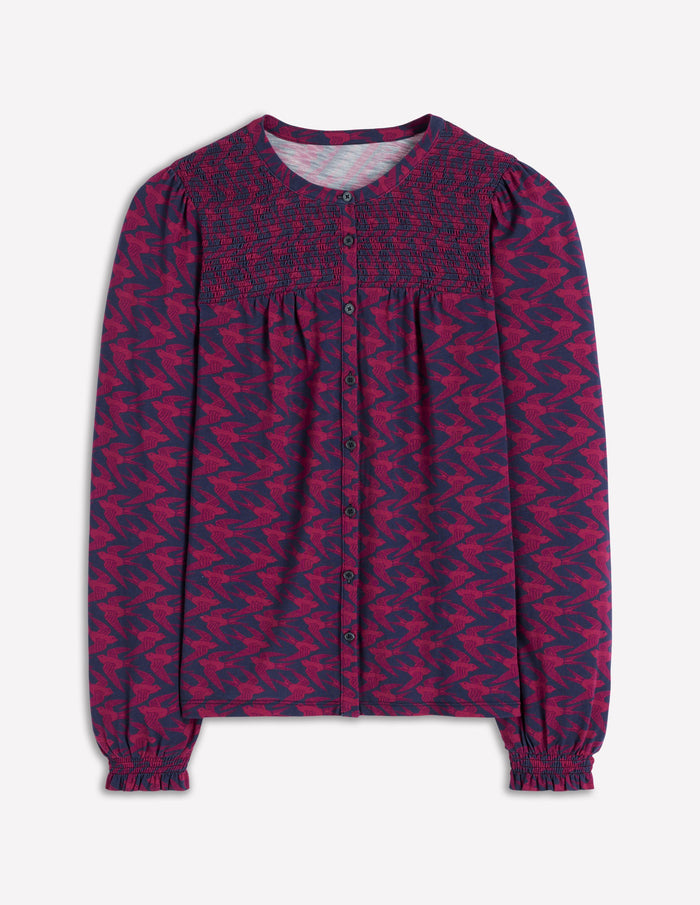 Elsa Smocked Yoke Jersey Shirt French Navy, Swooping Swallow