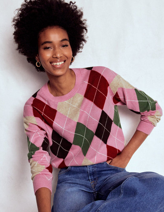 Lydia Cashmere Jumper Pink, Brown and Green Argyle