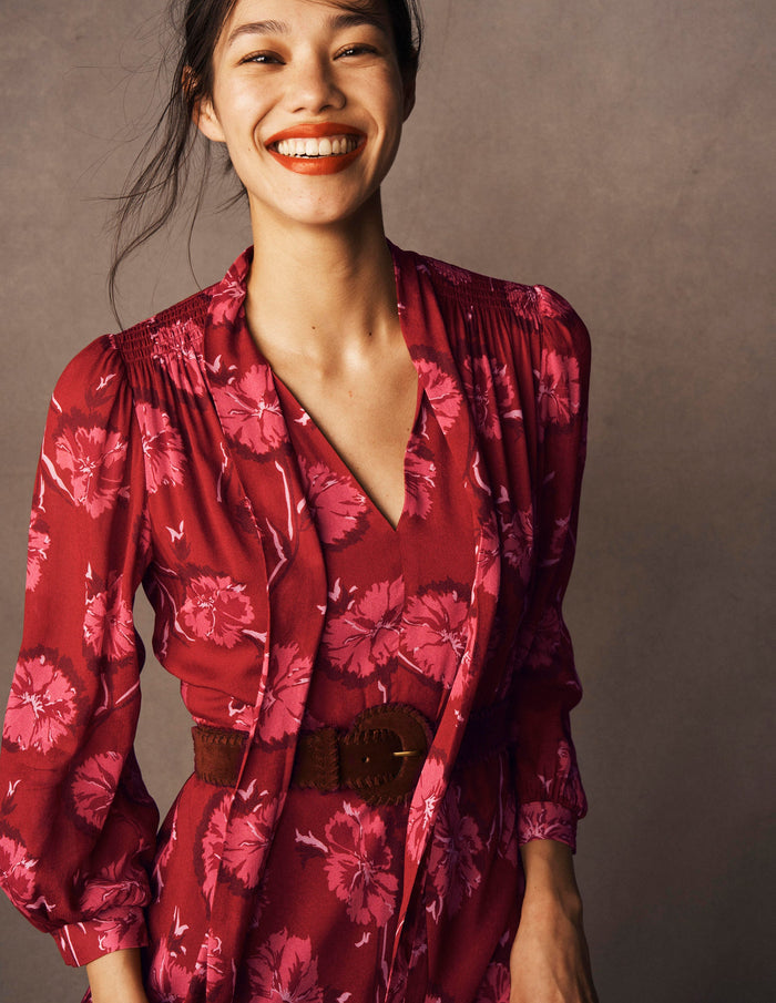 Brooke Tie Neck Tea Dress Cranberry Red, Delicate Vine