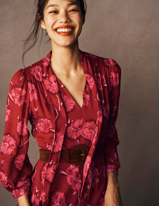 Brooke Tie Neck Tea Dress Cranberry Red, Delicate Vine