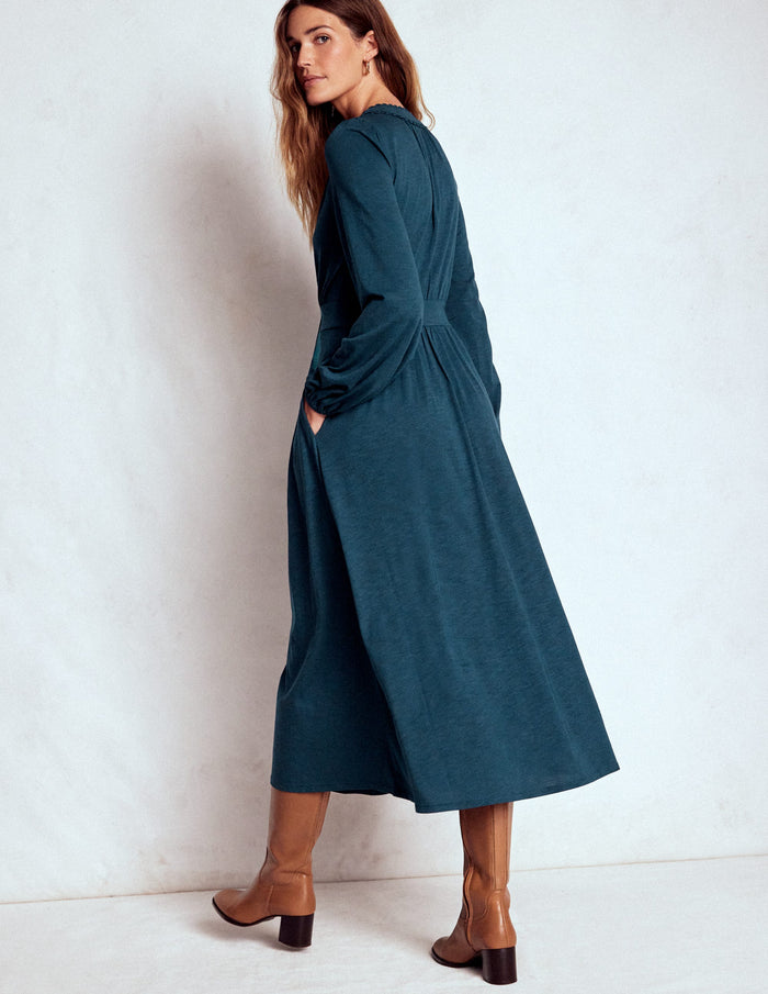 Maddie Picot Trim Midi Dress Midnight Teal