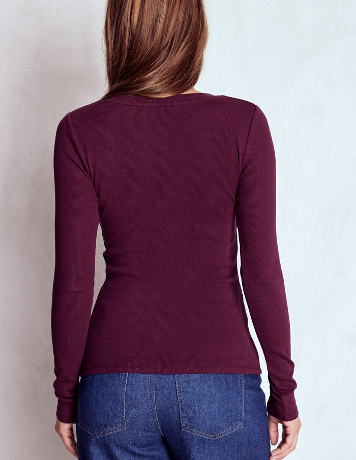 Evie Button Through Ribbed Top Bordeaux