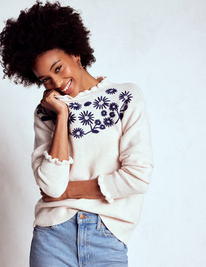 Embroidered Frill Sweater Warm Ivory