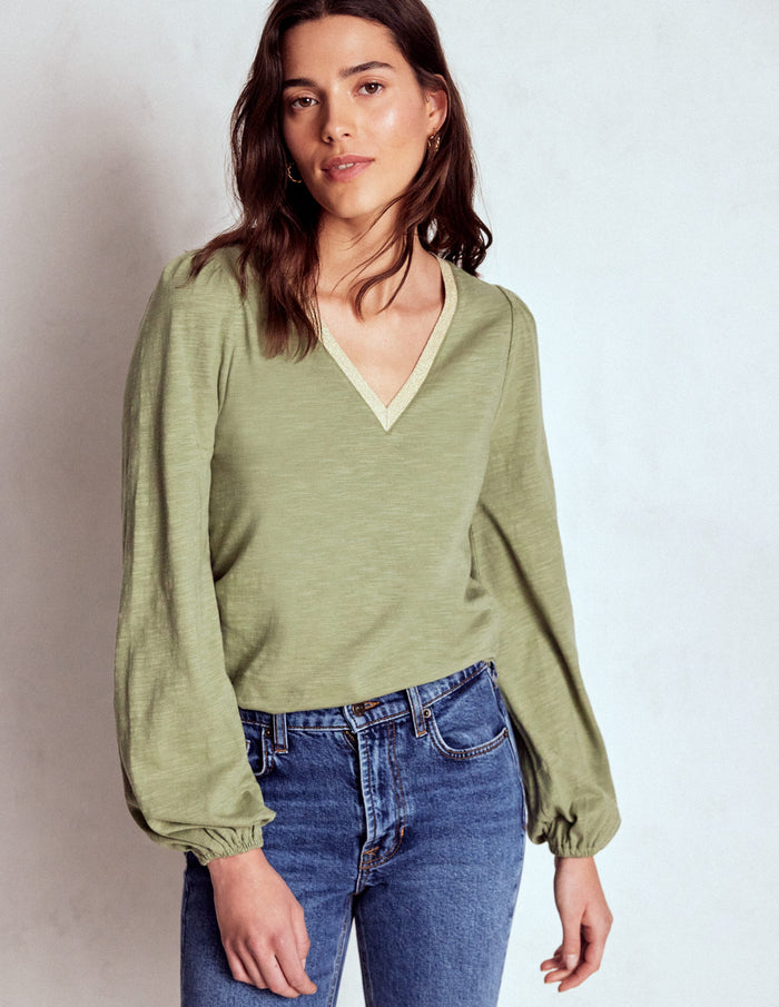 Metallic Trim Long Sleeve Top Larch Green