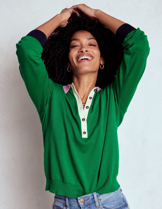 Lara Relaxed Cotton Henley Top Rich Emerald Colour Block