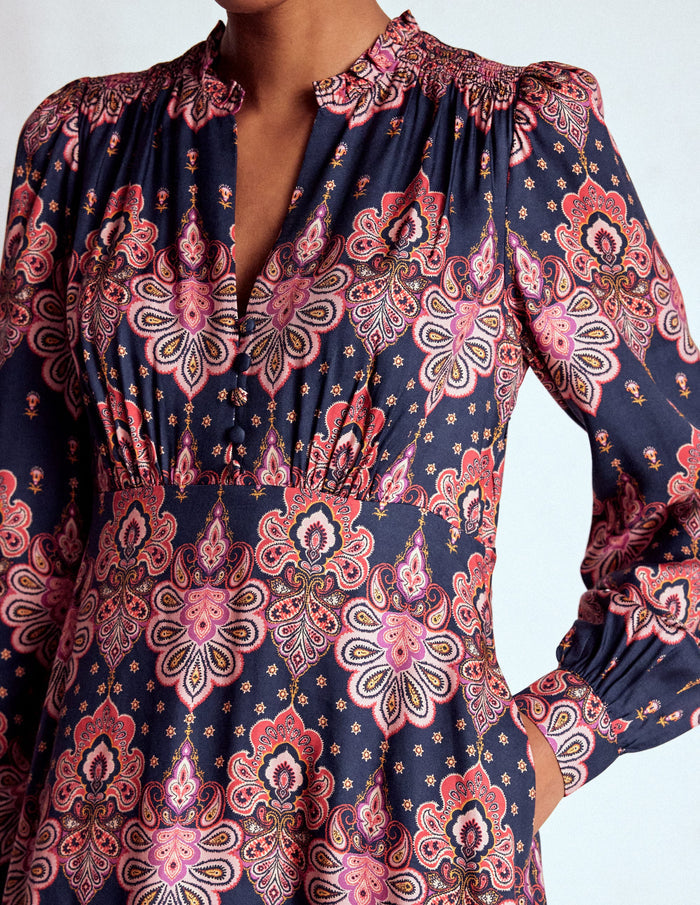 Cassie Smocked Tea Dress Navy, Embellished Paisley