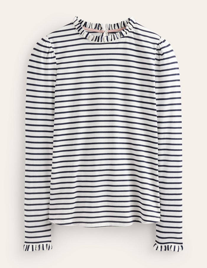 Supersoft Frill Detail Top Ivory / Navy Stripe