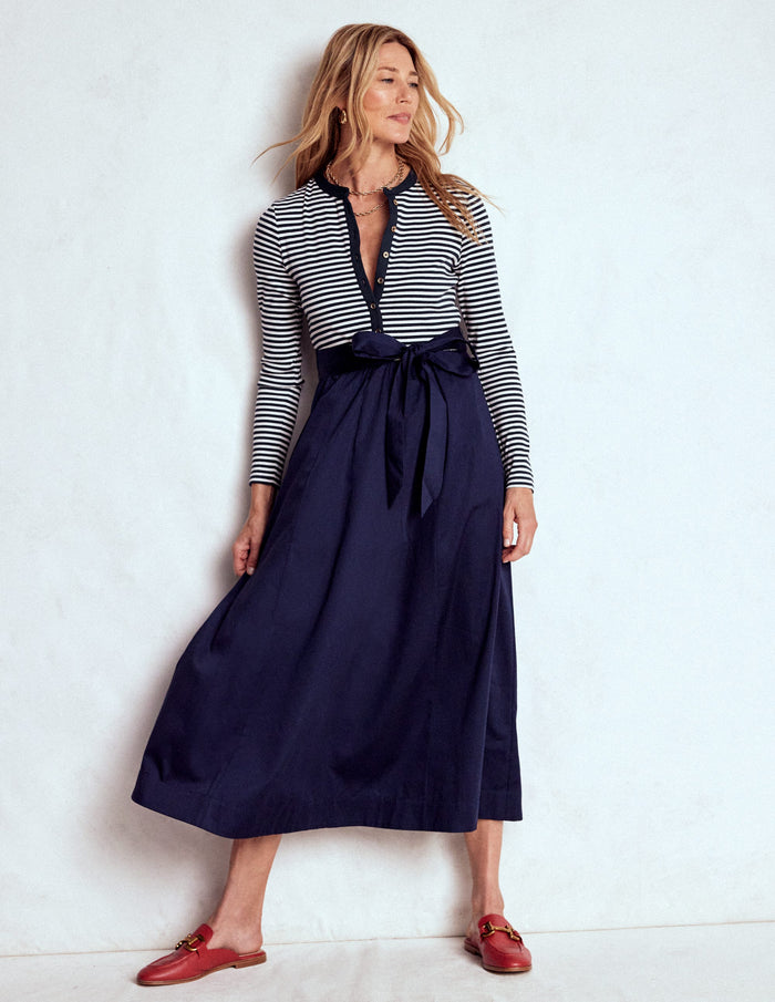 Button Detail Mix Dress Navy Stripe