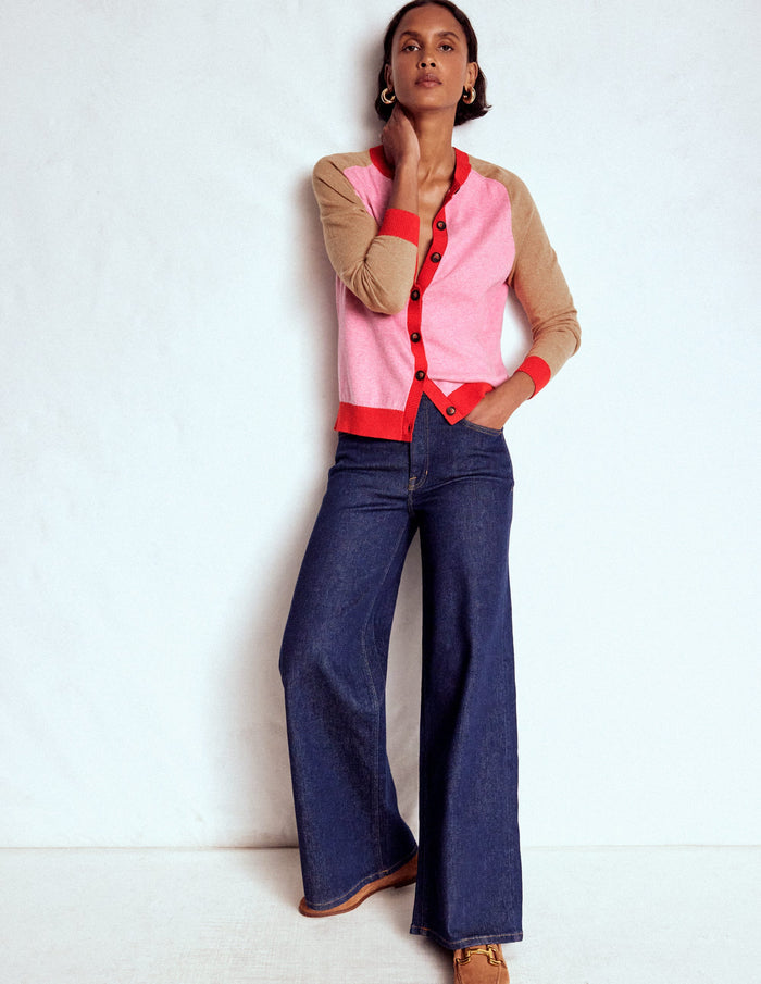 Meg Raglan Sleeve Cardigan Camel, Pink Colour Block