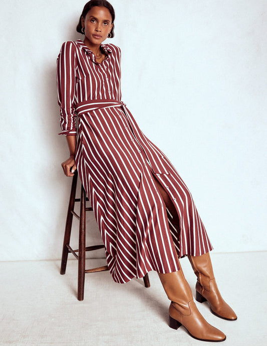Marcia Jersey Shirt Dress Chestnut and Ivory Stripe