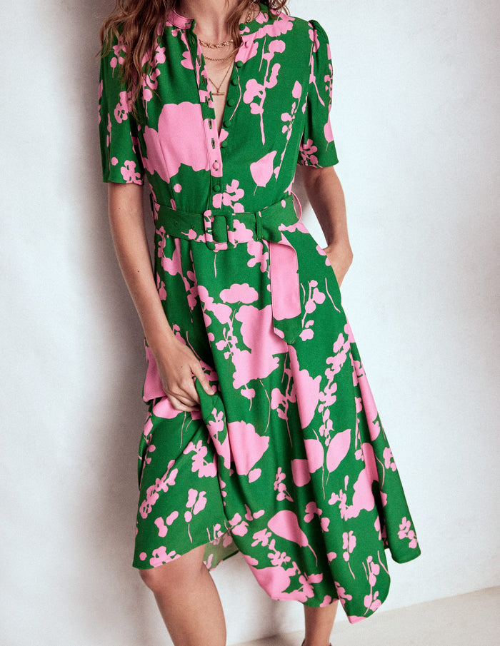 Kate Puff Sleeve Belted Dress Highland Green, Dainty Sprigs