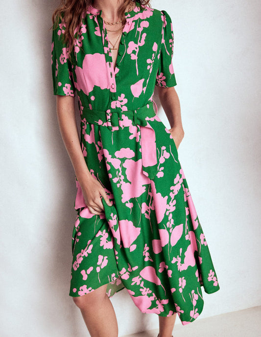 Kate Puff Sleeve Belted Dress Highland Green, Dainty Sprigs