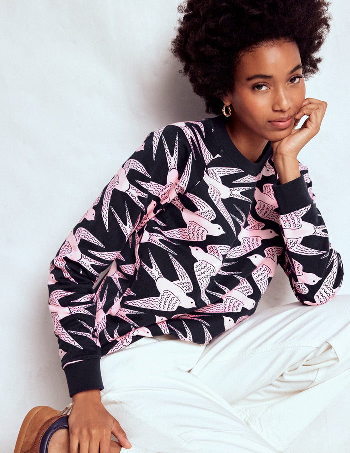 Rosa Printed Sweatshirt Navy, Pink Swooping Swallow