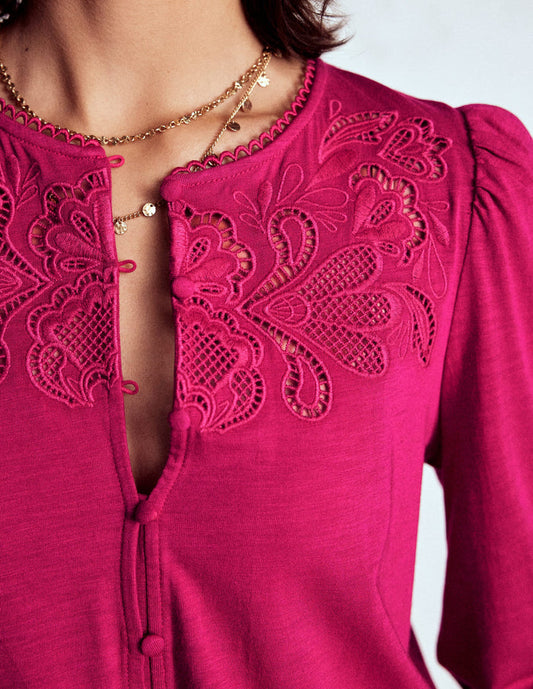 Cutwork Detail Jersey Top Vibrant Pink