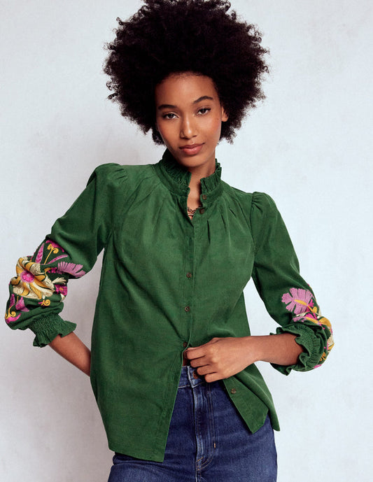 Lorna Cord Top Hunter Green Embroidered