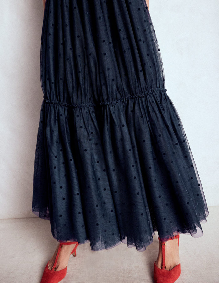 Anna Tulle Midi Skirt Navy Flocked Spot