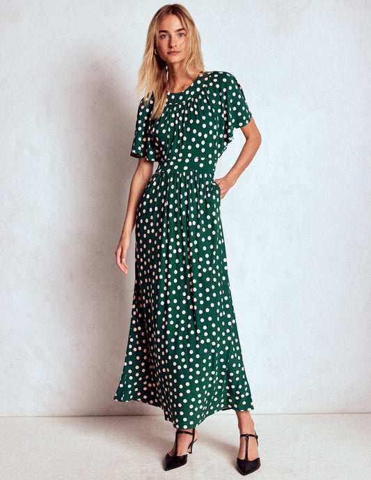 Yoke Panel Maxi Dress Emerald Night, Painted Dot