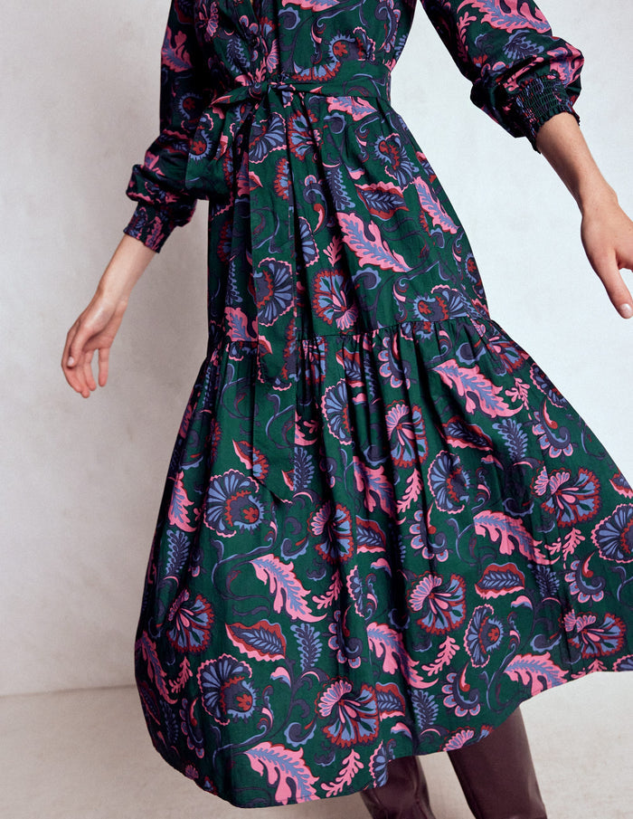 Cecily Cotton Midi Dress Emerald Night, Ornate Meadow