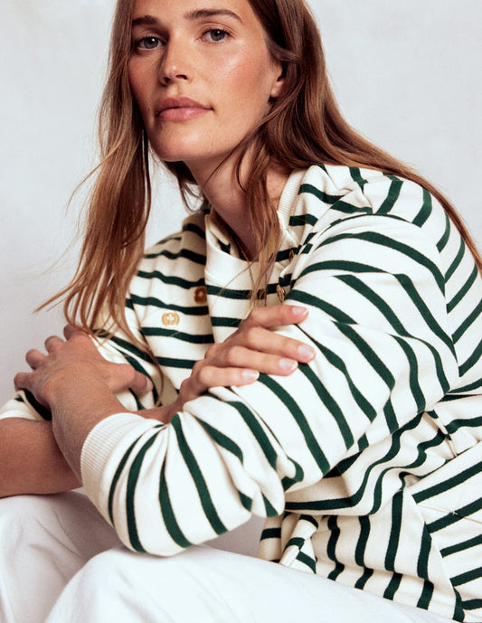 Button Detail Sweatshirt Emerald Night, Ivory