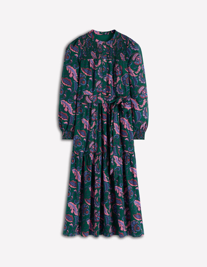 Cecily Cotton Midi Dress Emerald Night, Ornate Meadow