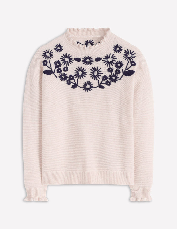 Embroidered Frill Sweater Warm Ivory
