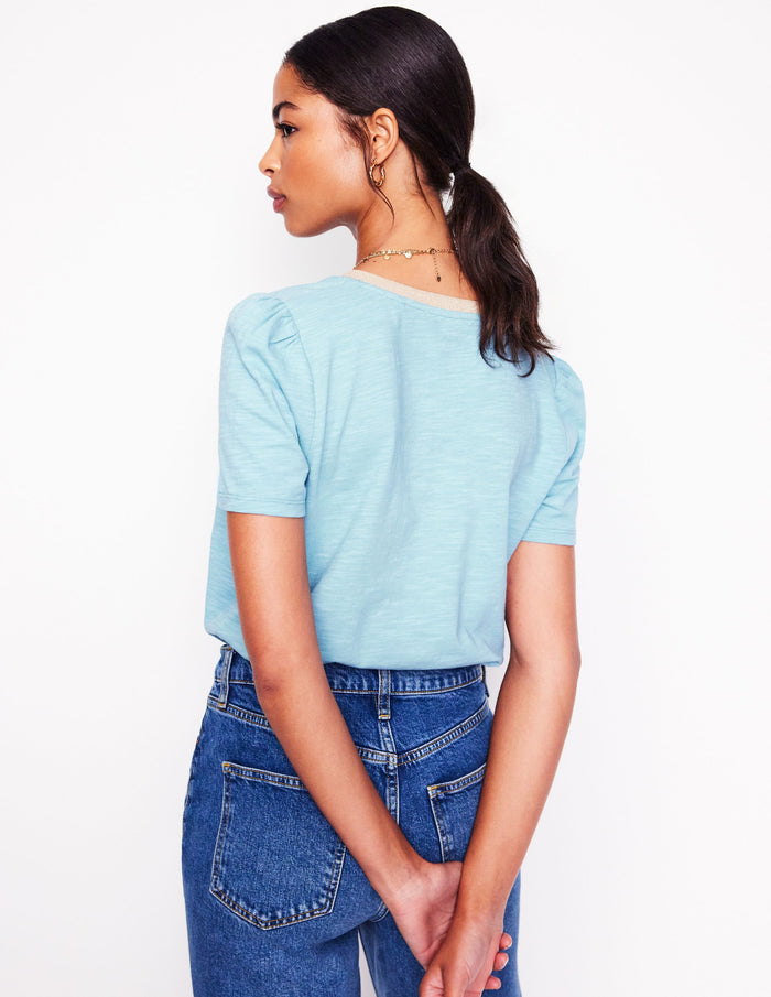 Metallic Trim V Neck T-shirt Soft Blue