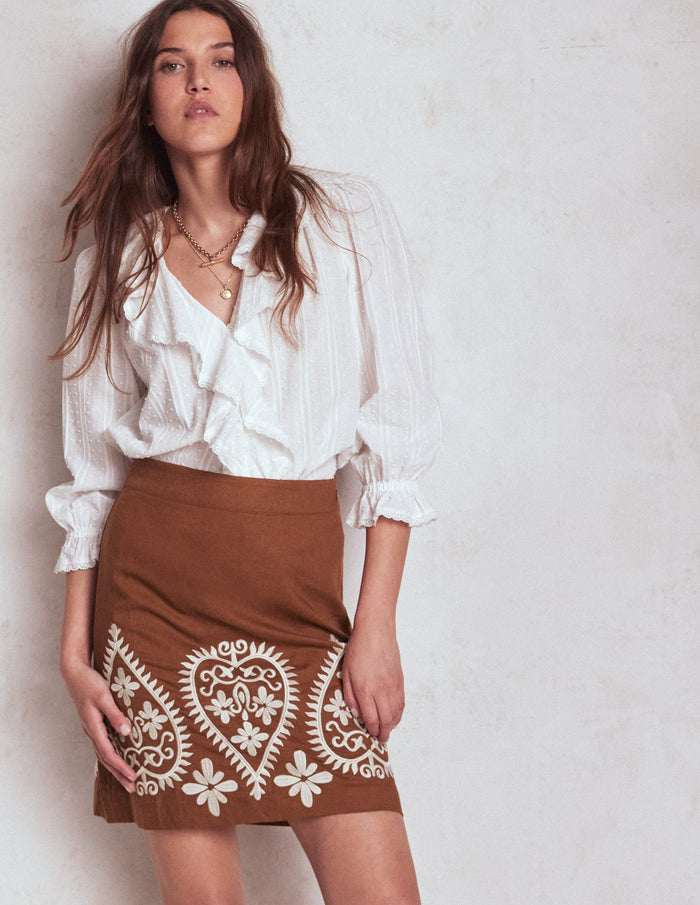 Embroidered Linen Skirt Russet Embroidery