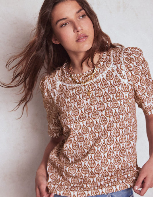Mila Lace Trim Top Ivory and Cognac, Ornate Geo