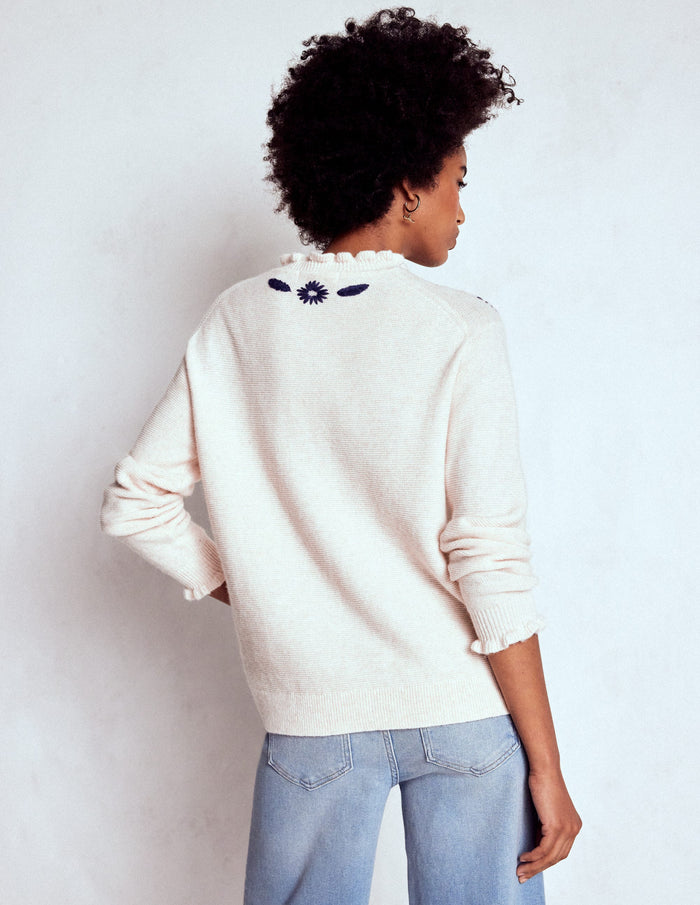 Embroidered Frill Sweater Warm Ivory