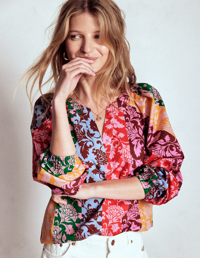 Long Sleeve Notch Top Multi, Ornate Vine