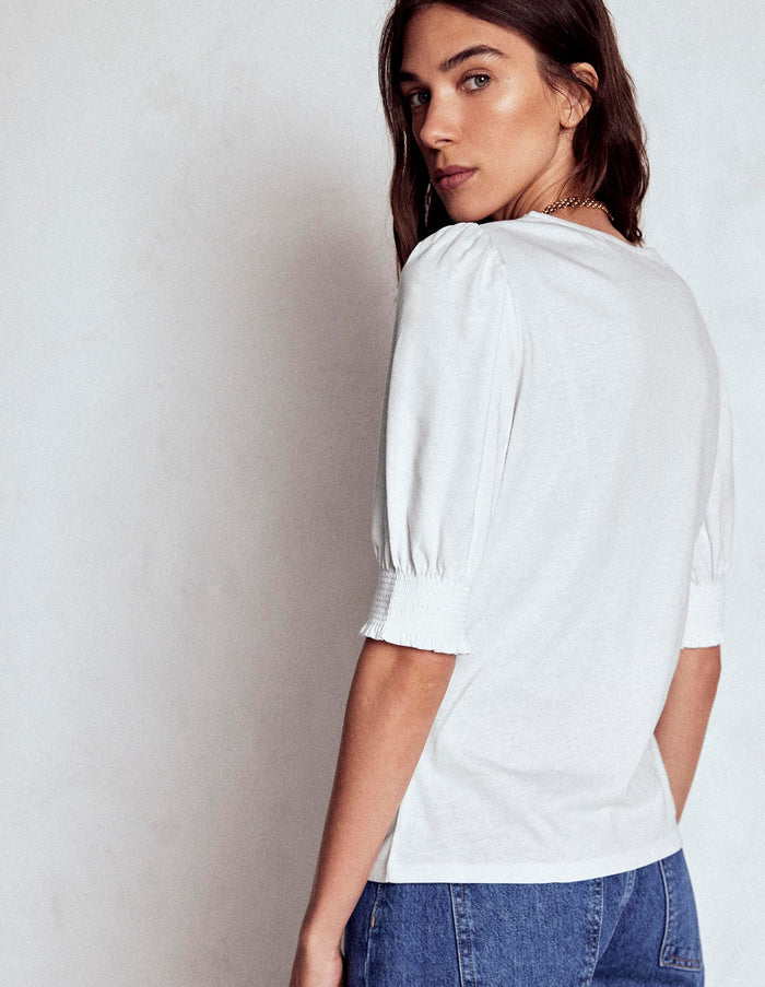 Short Sleeve Smocked Cuff Top White
