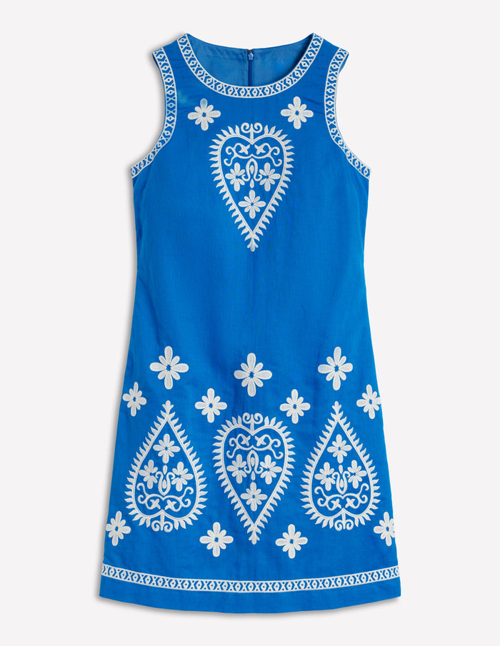 Embroidered Linen Shift Dress Kingfisher Blue