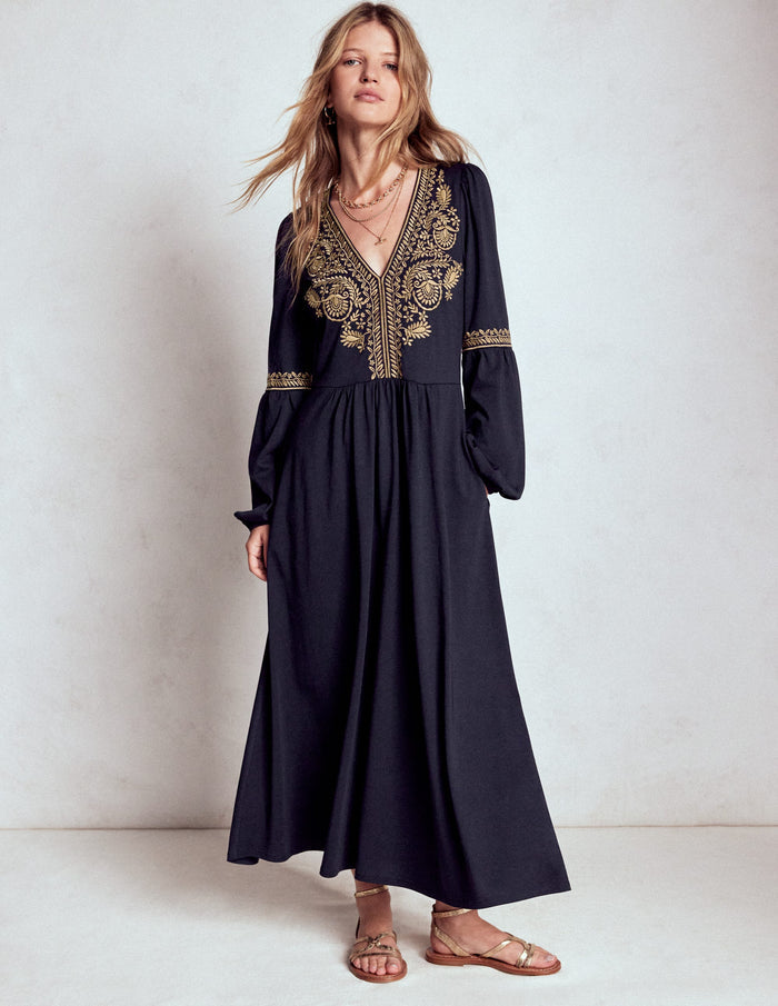 V-Neck Blouson Midi Dress Navy