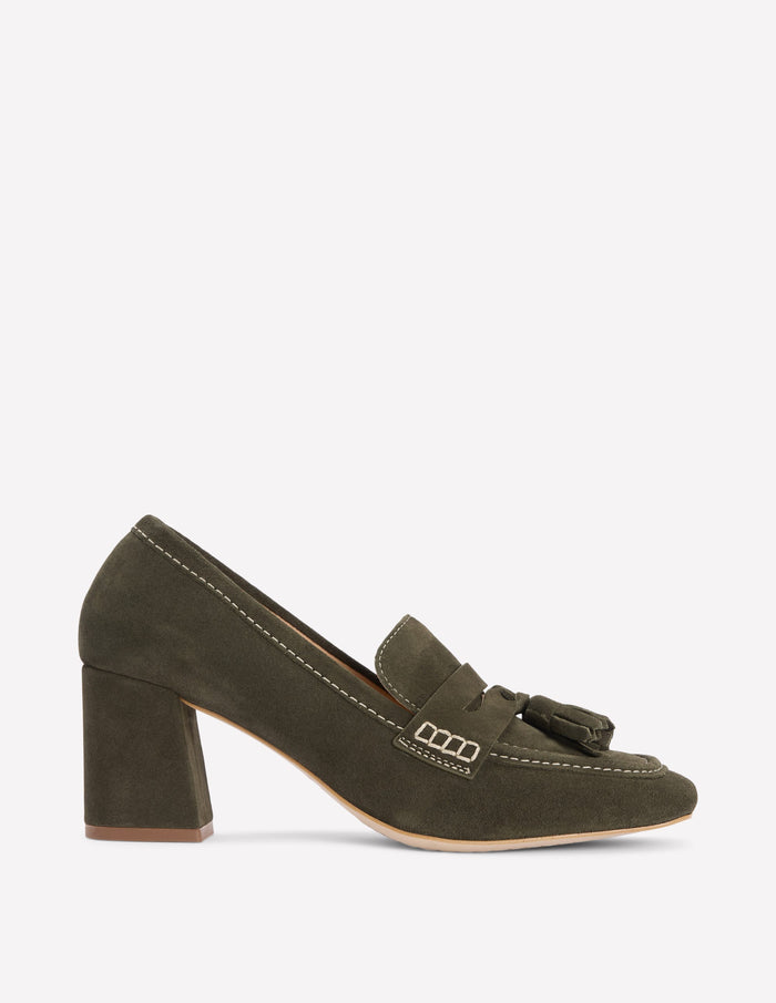 Sol Block Heeled Penny Loafers Dark Moss