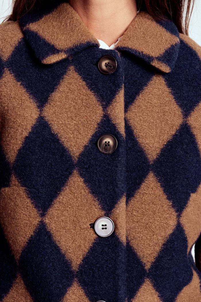 Edinburgh Swing Coat Camel and Navy Argyle