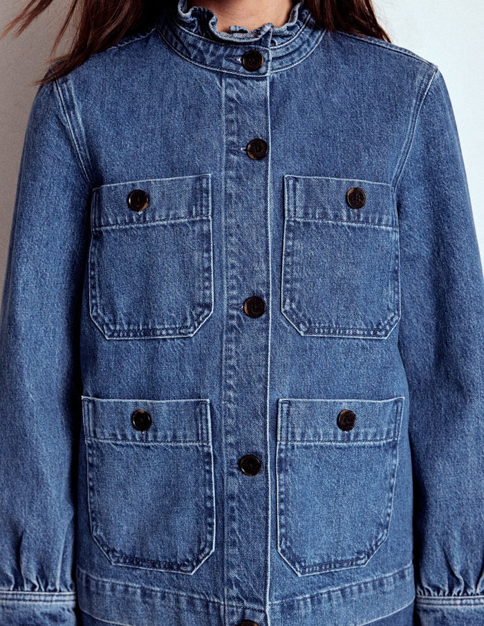 Denim Frill Collar Jacket Mid Wash