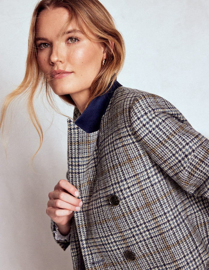 Boxy Double Breasted Blazer Blue, Grey Check