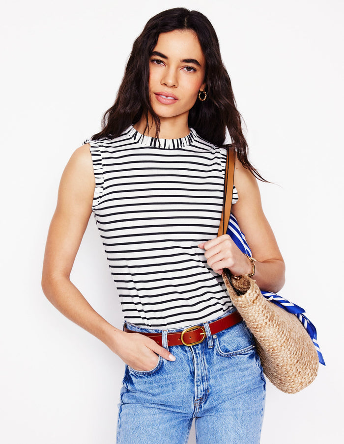Supersoft Frill Detail Vest Ivory, Navy Stripe