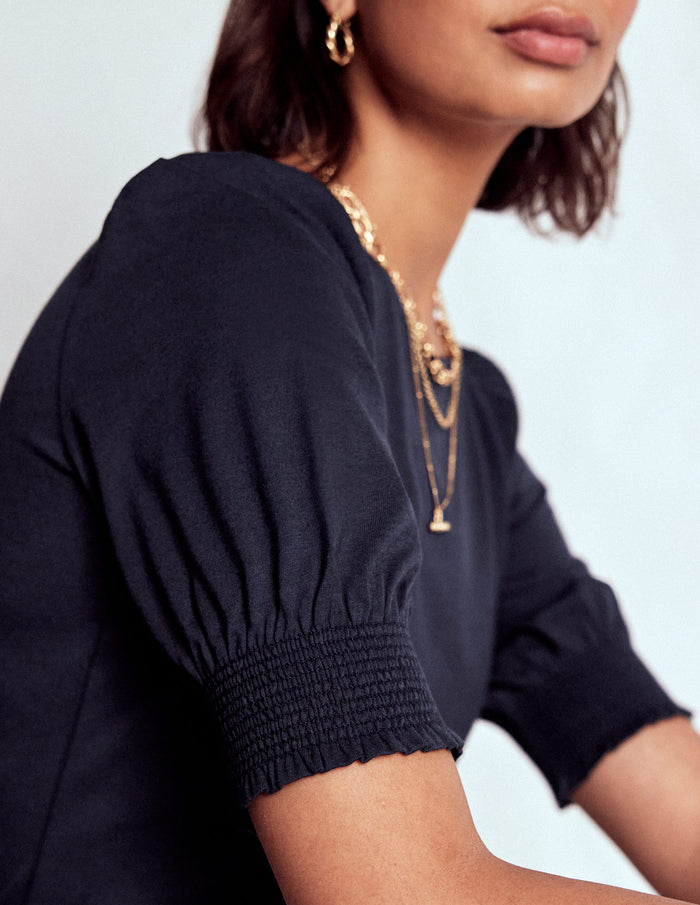 Short Sleeve Smocked Cuff Top Navy