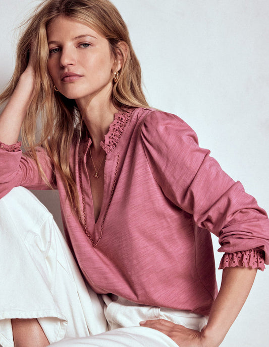 Aria Broderie Notch Neck Top Pink Heather