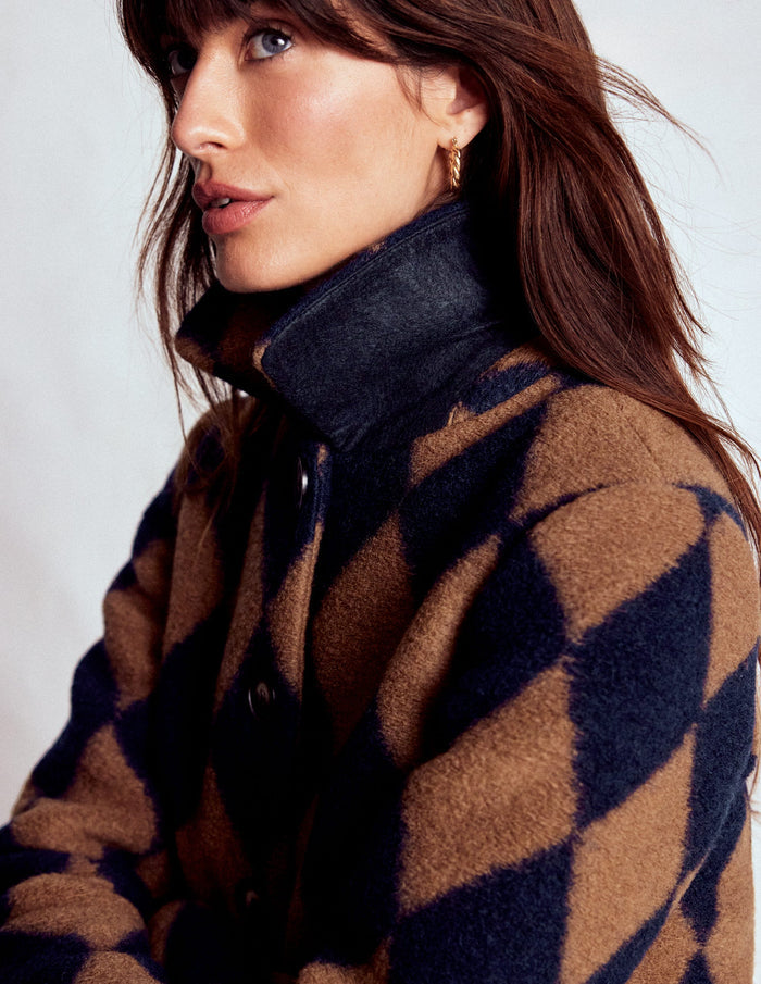 Edinburgh Swing Coat Camel and Navy Argyle