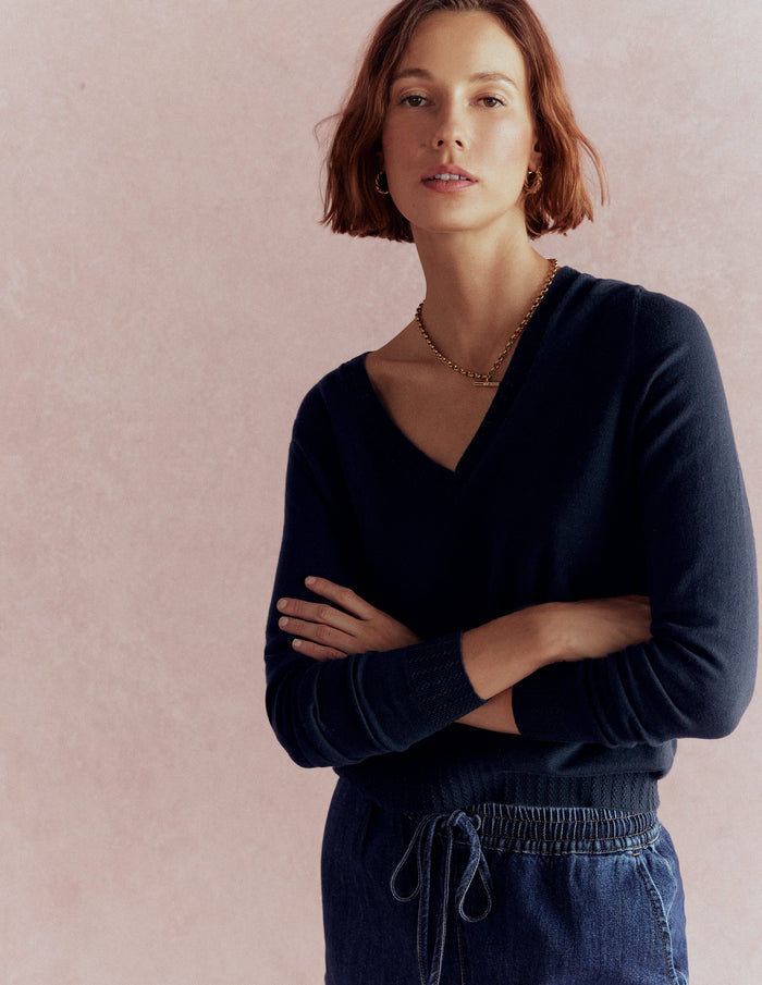 Emilia Cotton V Neck Sweater Navy