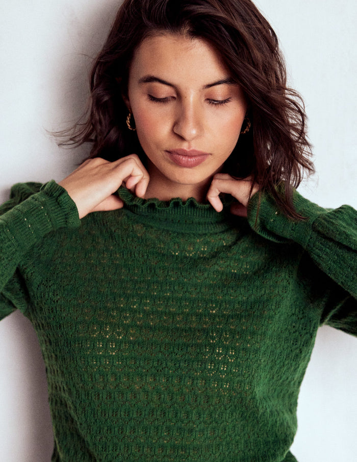 Pointelle Ruffle Sweater Hunter Green