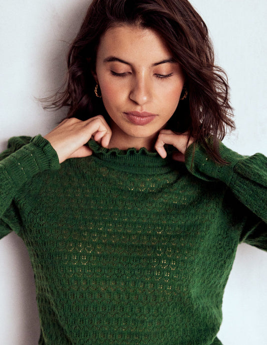 Pointelle Ruffle Sweater Hunter Green