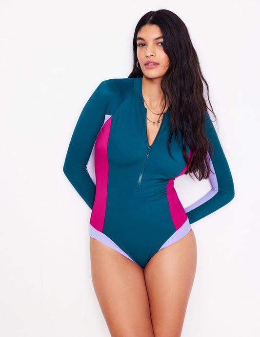 Sporty Raglan Sleeve Swimsuit Oceanside Blue