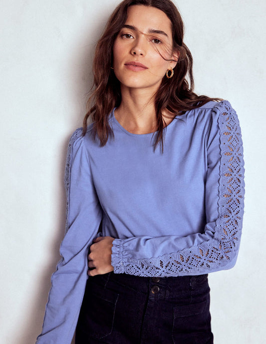 Scarlett Broderie Trim Top Soft Blue