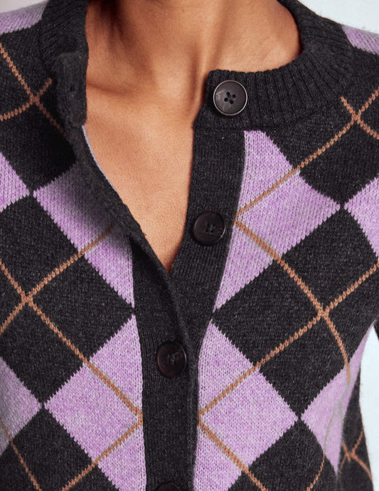 Abi Jacquard Cardigan Lilac, Charcoal Melange Argyle